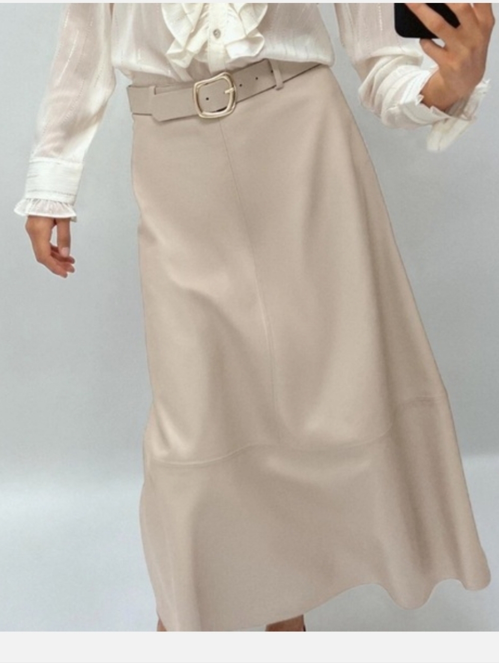 Zara Beige Faux Leather Midi Skirt with Belt - Picture 11 of 11